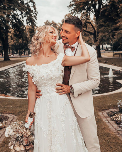 Long A-line Off-the-shoulder 3D Flroal Wedding Dress with Lace Appliques