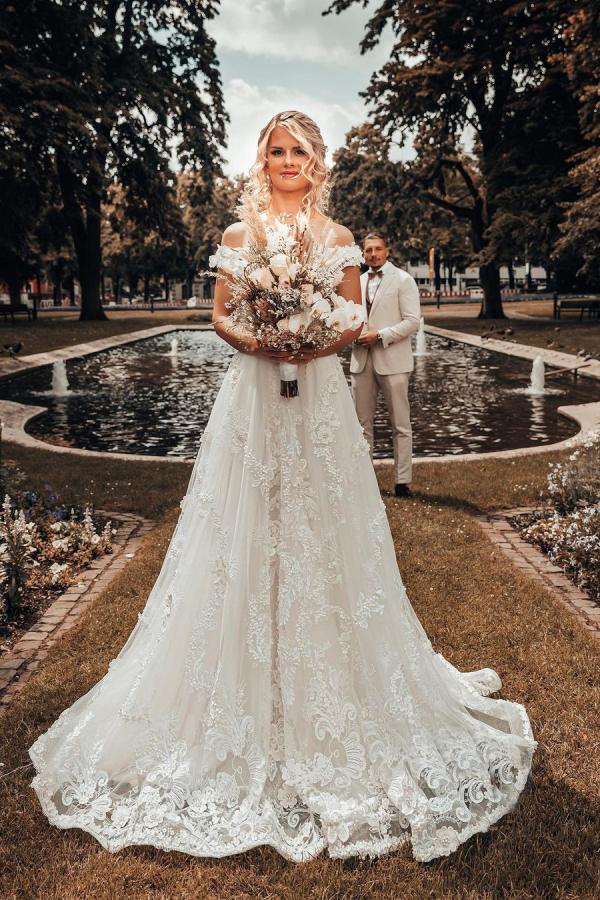 Long A-line Off-the-shoulder 3D Flroal Wedding Dress with Lace Appliques
