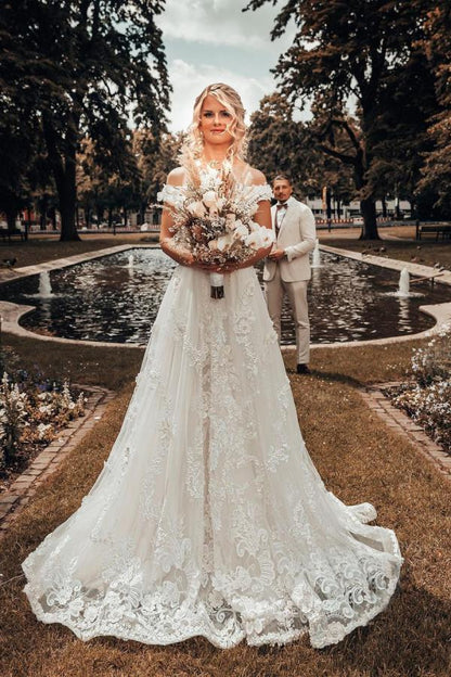 Long A-line Off-the-shoulder 3D Flroal Wedding Dress with Lace Appliques