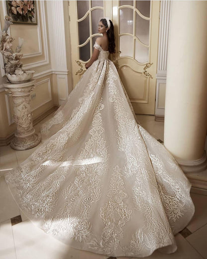 Long A-Line Off-the-Shoulder Appliques Lace Wedding Dress