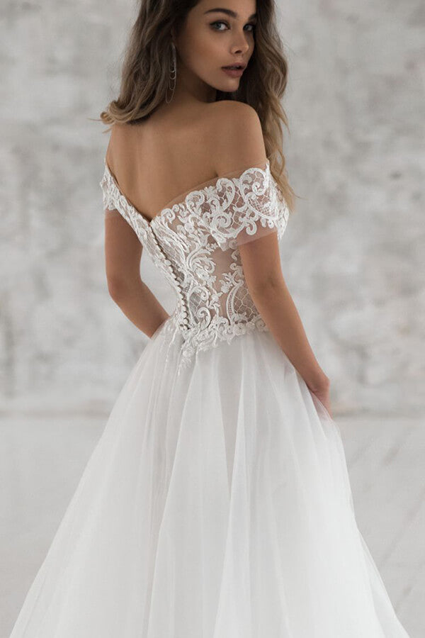 Robe de mariée longue en ligne A, épaules dénudées, ornée d'appliques en tulle avec manches