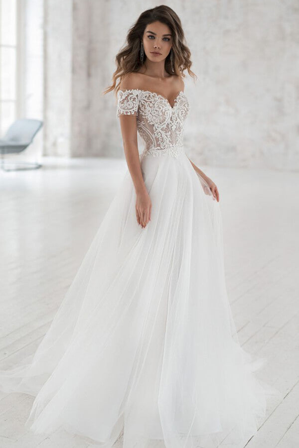 Robe de mariée longue en ligne A, épaules dénudées, ornée d'appliques en tulle avec manches