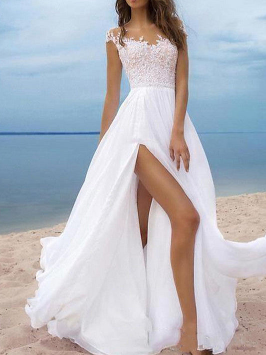 Langes, schulterfreies, rückenfreies A-Linien-Brautkleid aus Chiffon mit Schlitz