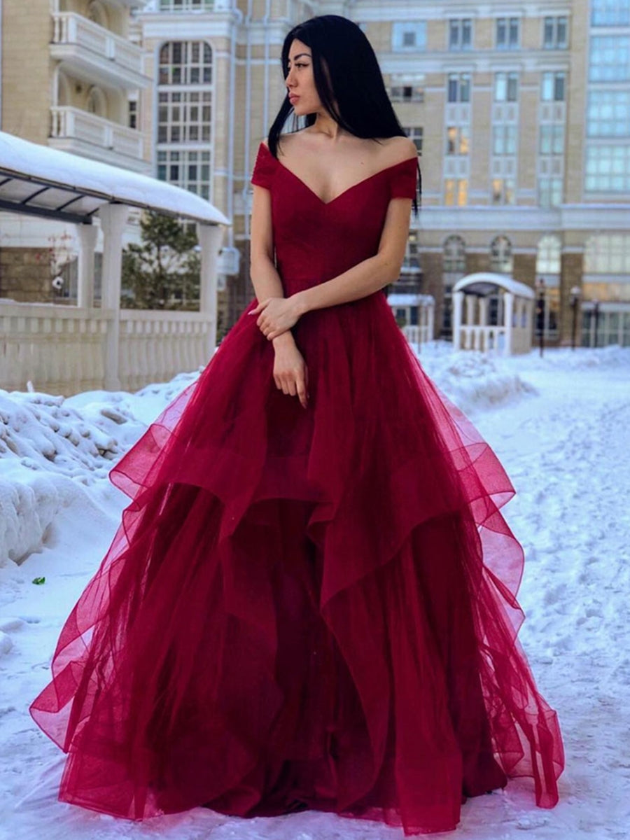 Langes A-Linien-Abendkleid mit schulterfreiem, flauschigem Tüll und V-Ausschnitt