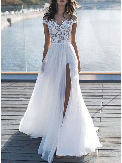 Long A-Line Off the Shoulder Lace Chiffon Wedding Dresses with Sleeves