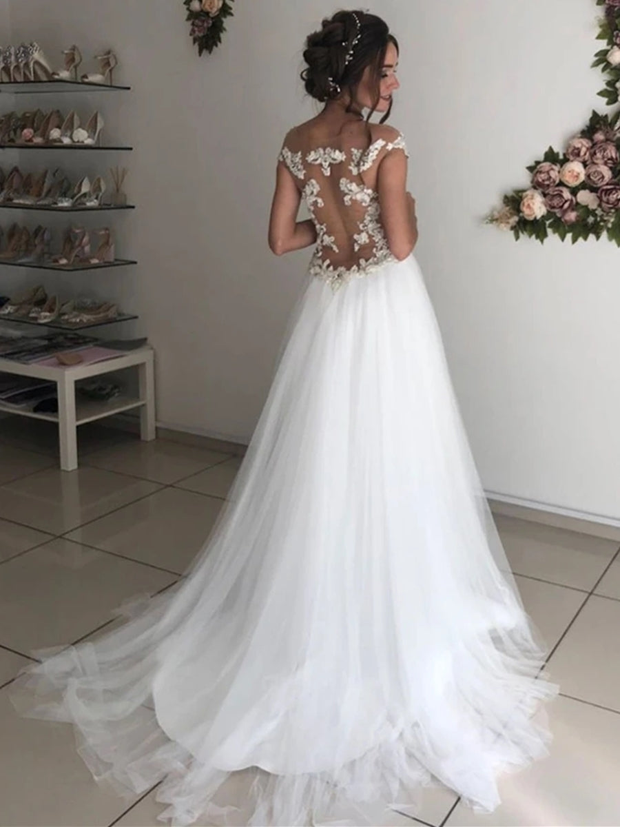 Long A-line Off the Shoulder Round Neck Tulle Lace Wedding Dresses