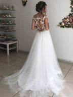 Long A-line Off the Shoulder Round Neck Tulle Lace Wedding Dresses