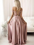 Long A-line off the Shoulder Satin Lace Two Piece Formal Prom Dresses