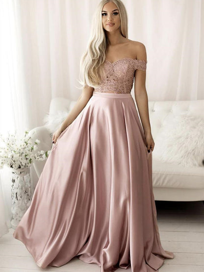 Vestidos de fiesta formales de dos piezas con encaje satinado y hombros descubiertos de corte A largo