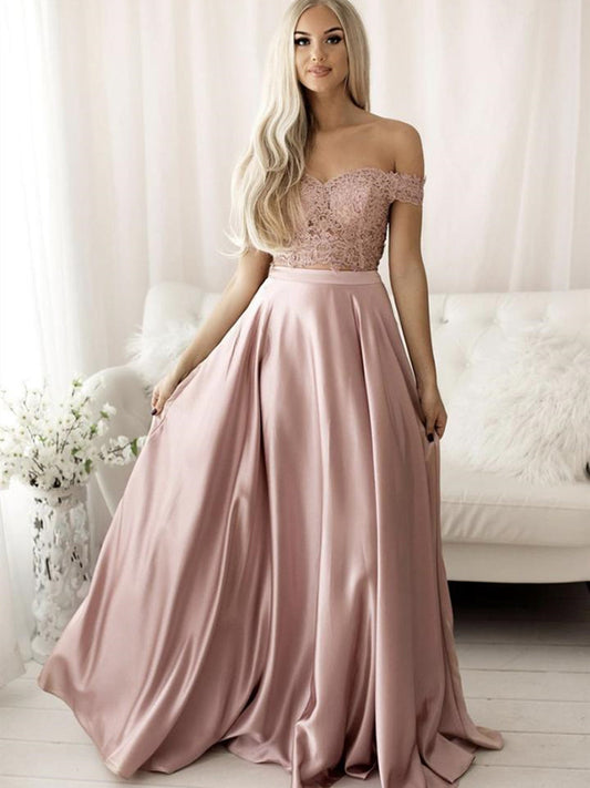 Langes, schulterfreies A-Linien-Ballkleid aus Satin und Spitze, zweiteilig