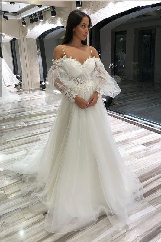 Langes A-Linien-Brautkleid mit schulterfreiem Ausschnitt, Applikationen, Spitze und Tüll