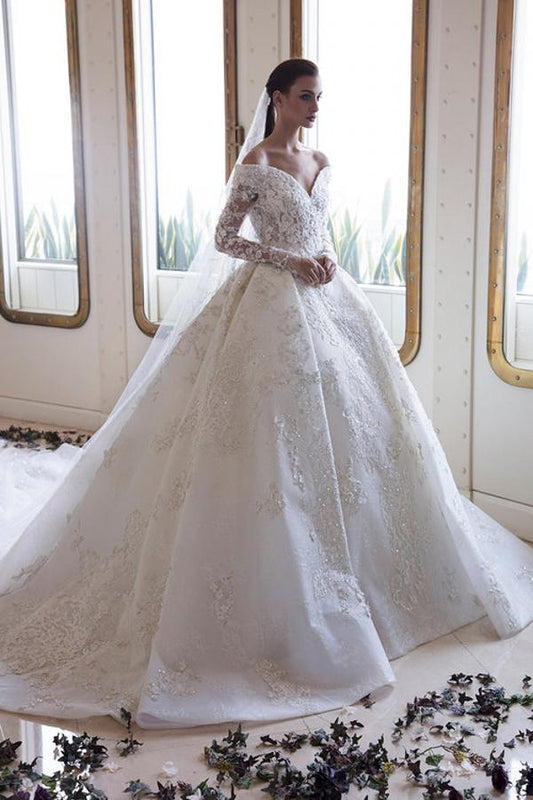 Langes A-Linien-Brautkleid mit schulterfreiem Ausschnitt, rückenfreiem Rücken, Applikationen, Spitze und Kristallen