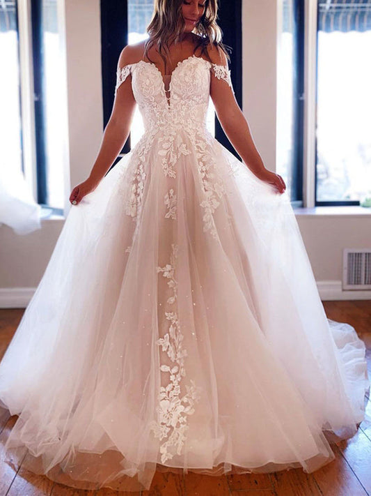 Langes, schulterfreies A-Linien-Ballkleid aus Tüll, weiße Spitze, formelle Abendkleider