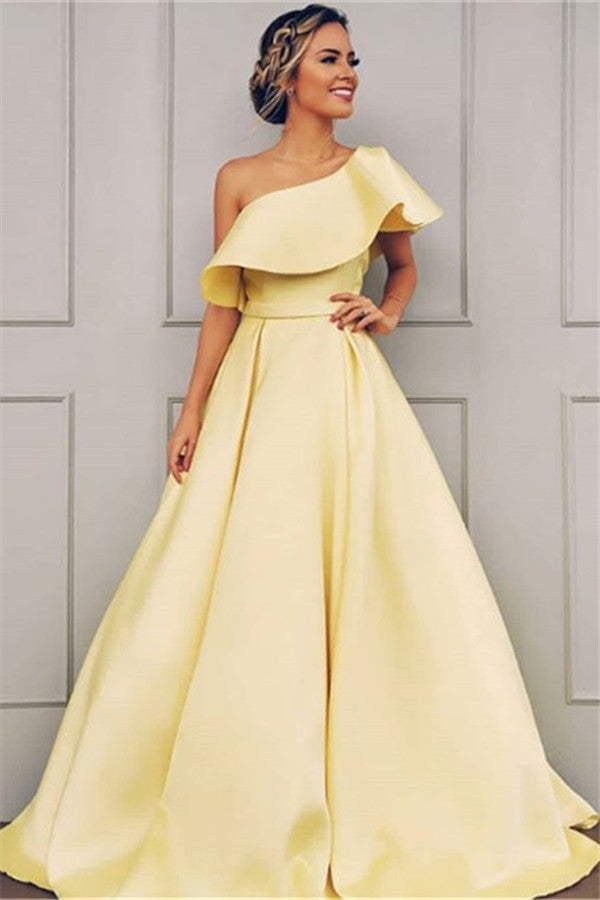Robe de bal longue jaune en satin, coupe évasée, à une épaule