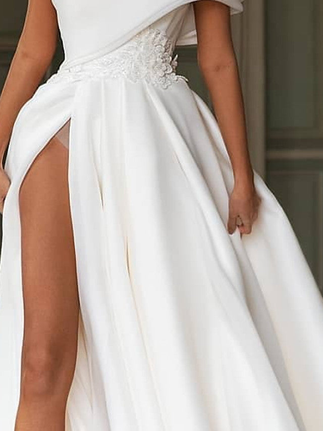 Long A-Line One Shoulder Sweep Brush Train Chiffon Wedding Dresses with Slit