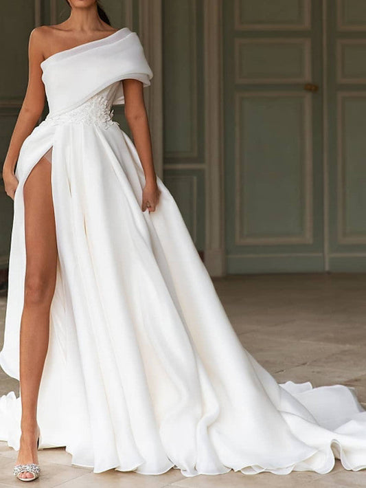Langes A-Linien-Brautkleid mit One-Shoulder-Träger und Pinselschleppe aus Chiffon mit Schlitz