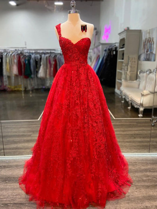 Langes A-Linien-Ballkleid mit einer Schulter und Tüllspitze in Rot
