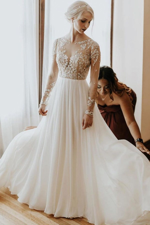 Robe de mariée longue en mousseline à jupe évasée, dos ouvert, ornée d'appliques en dentelle, avec manches