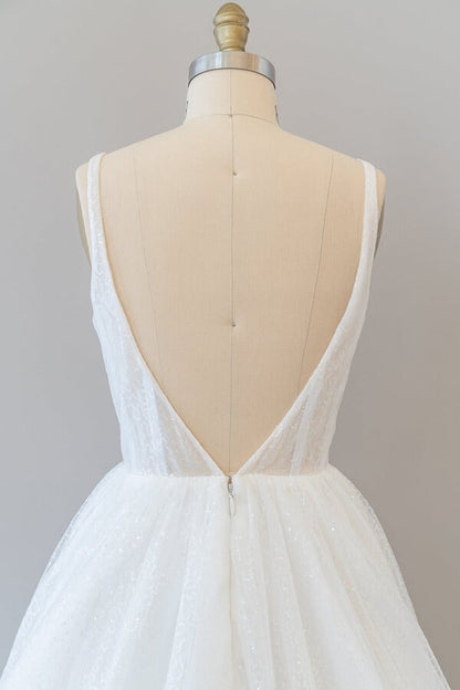 Long A-line Open Back Sequins Tulle Backless Wedding Dress