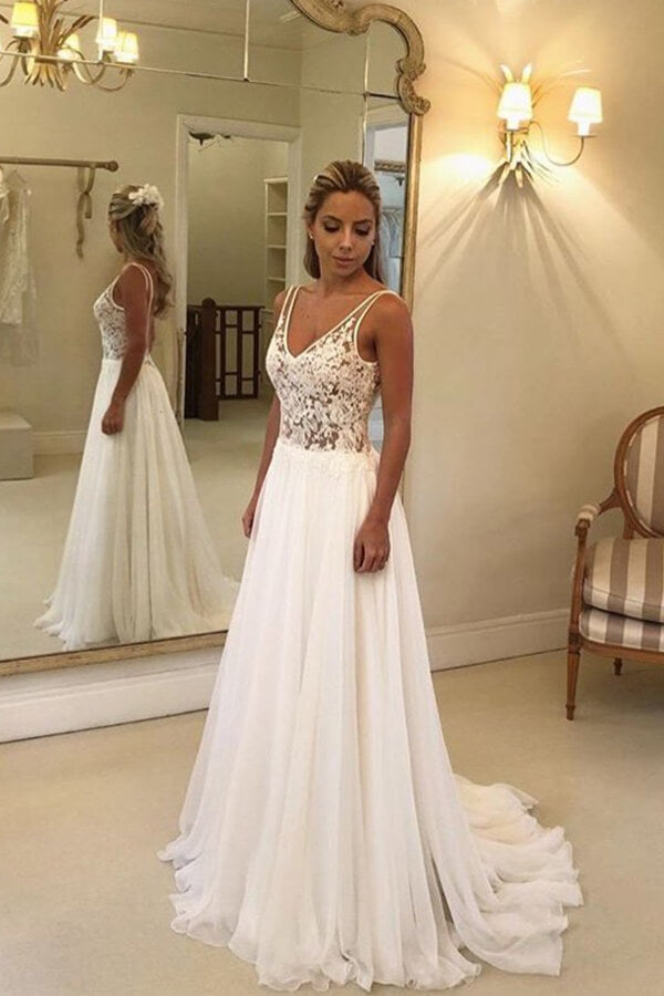 Long A-line Open Back V-neck Lace Chiffon Wedding Dress