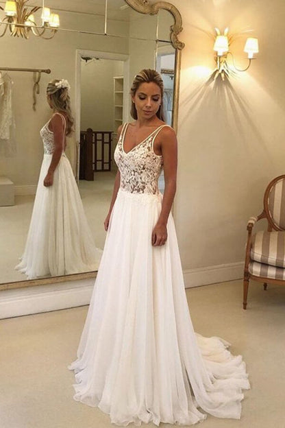 Long A-line Open Back V-neck Lace Chiffon Wedding Dress