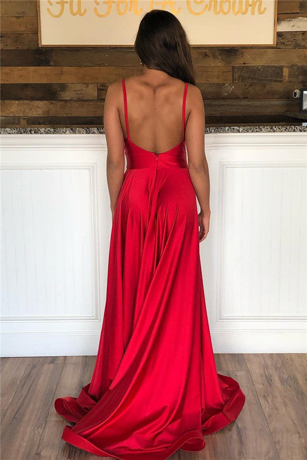 Robe de bal rouge longue en ligne A, dos ouvert, col en V avec fente