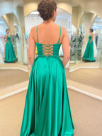 Robe de bal longue en satin coupe trapèze avec poches Verte Robe de soirée formelle de remise de diplômes avec fente