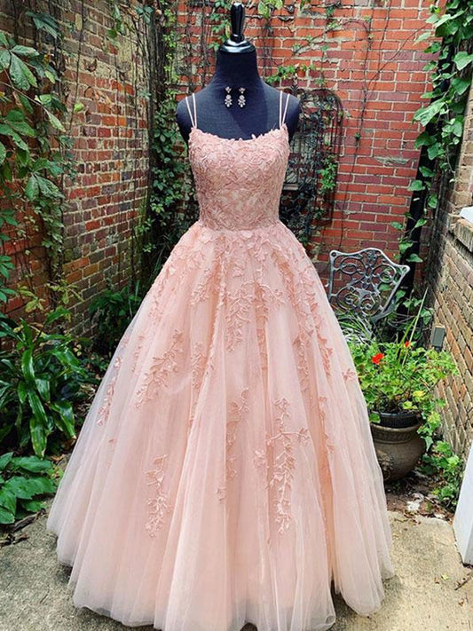 Langes A-Linien-Ballkleid mit U-Ausschnitt und Spaghettiträgern aus Tüll und Spitze