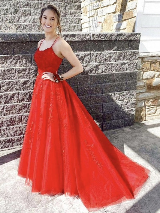 Long A-line Scoop Neck Tulle Lace Backless Formal Prom Dresses