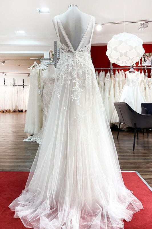 Robes de mariée longues en tulle sans manches, coupe évasée, avec appliques en dentelle et dos ouvert