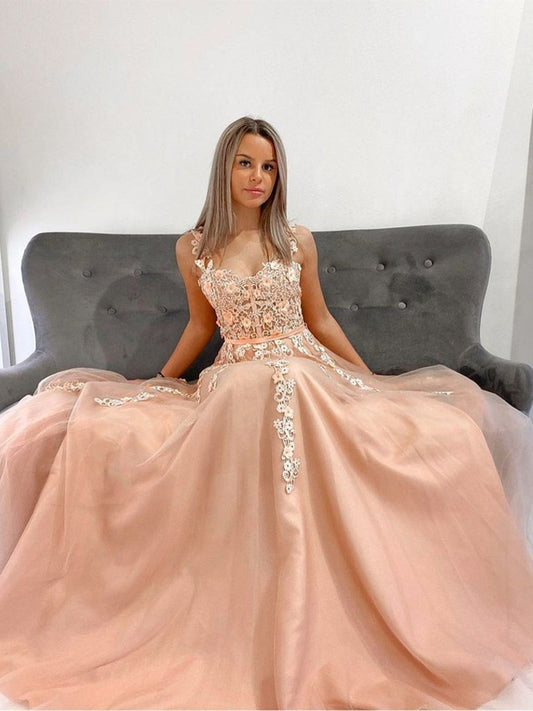 Long A-line Sleeveless Tulle Lace Formal Graduation Prom Dresses