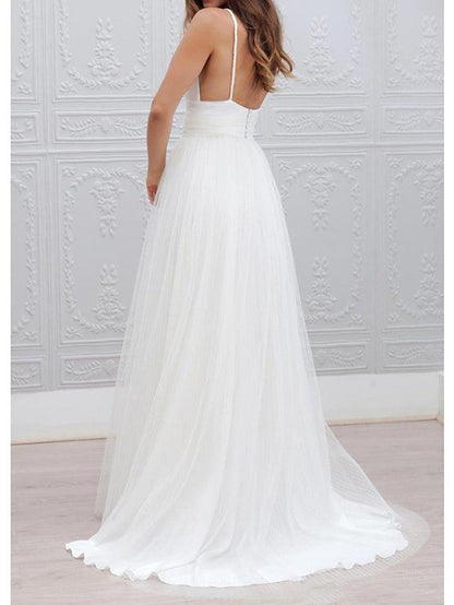 Lange A-Linie Spaghettiträger Taft Tüll Chiffon Brautkleider