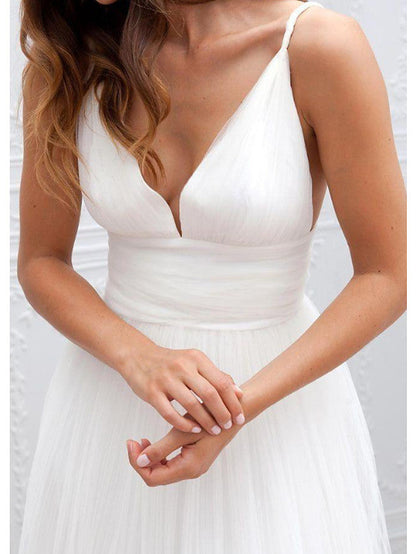 Lange A-Linie Spaghettiträger Taft Tüll Chiffon Brautkleider