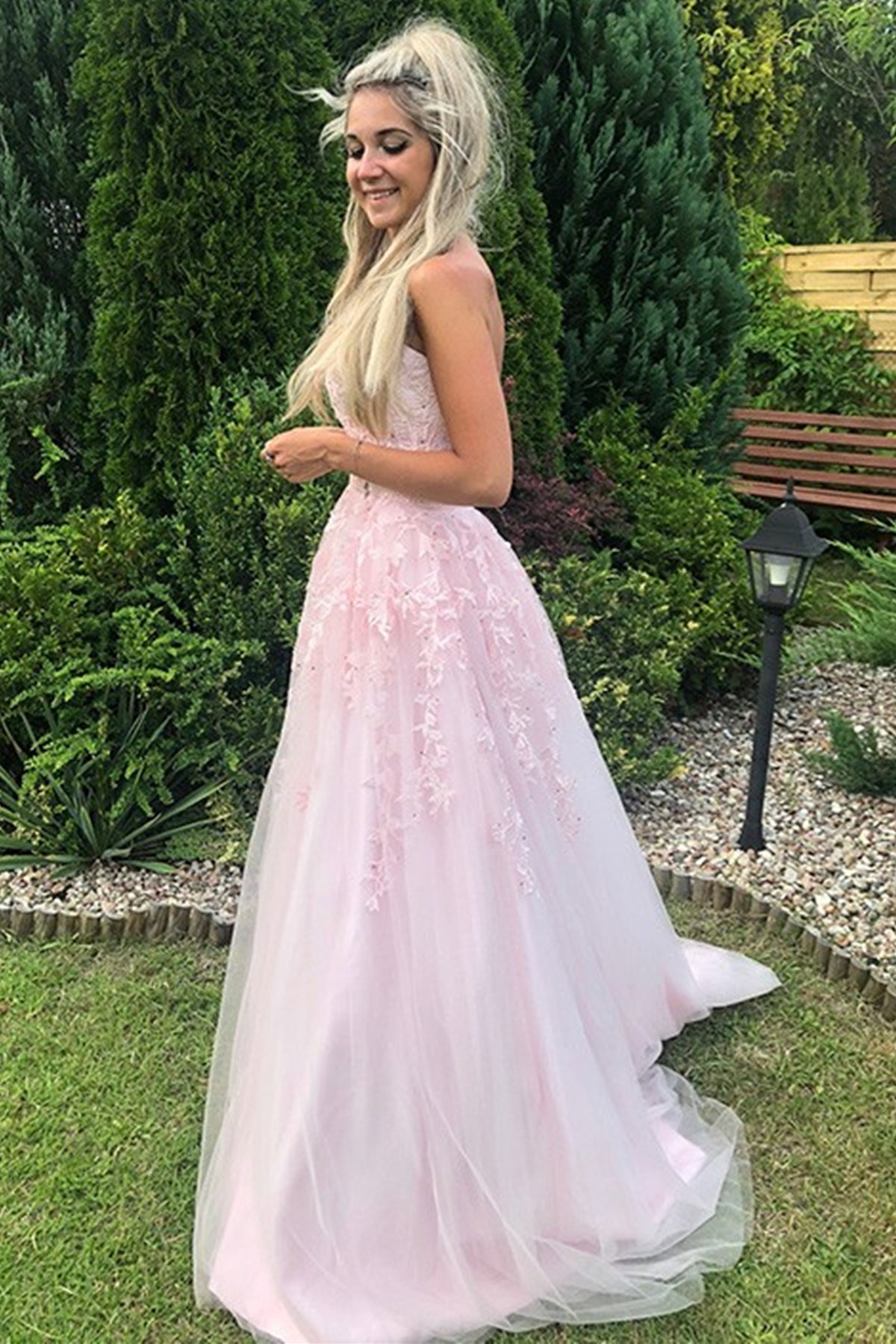 Robe de bal longue en tulle et dentelle, sans bretelles, coupe évasée, rose, tenue de soirée formelle pour remise de diplômes