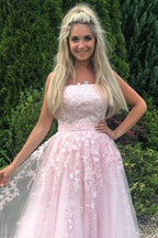 فستان سهرة طويل بدون أكتاف بقصة على شكل حرف A من التول والدانتيل وردي رسمي للتخرج