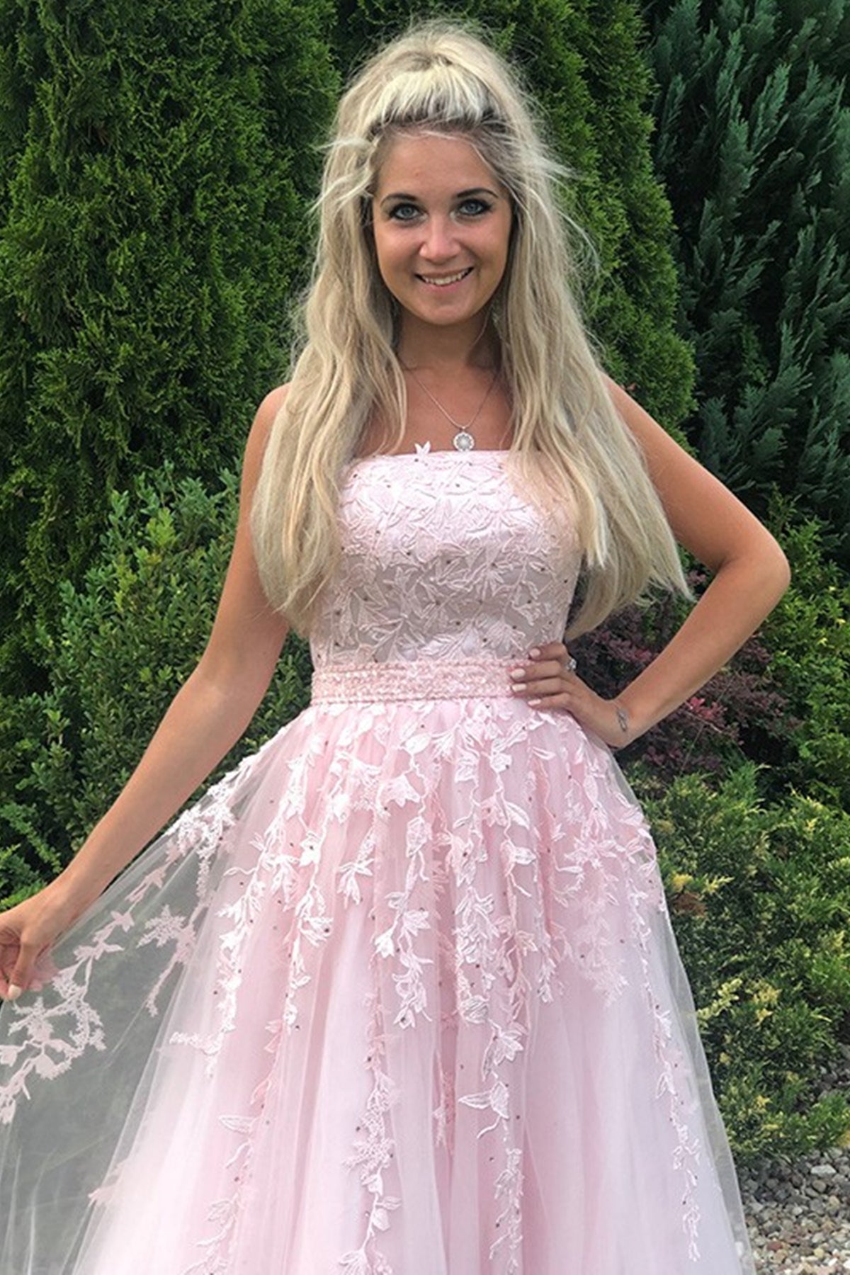 Robe de bal longue en tulle et dentelle, sans bretelles, coupe évasée, rose, tenue de soirée formelle pour remise de diplômes