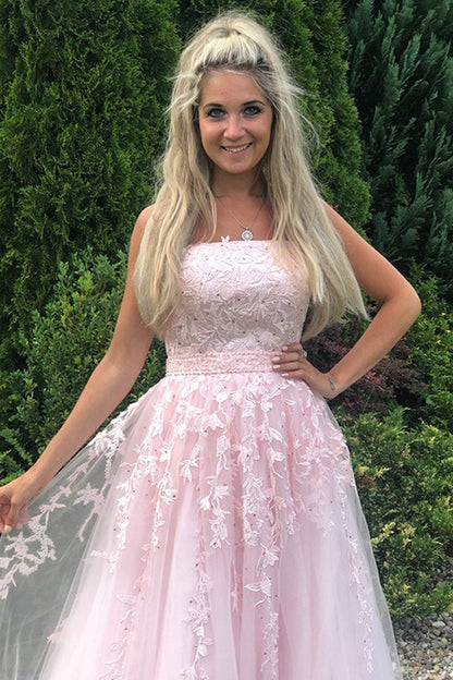Long A-line Strapless Tulle Lace Prom Dress Pink Formal Graduation Evening Gowns