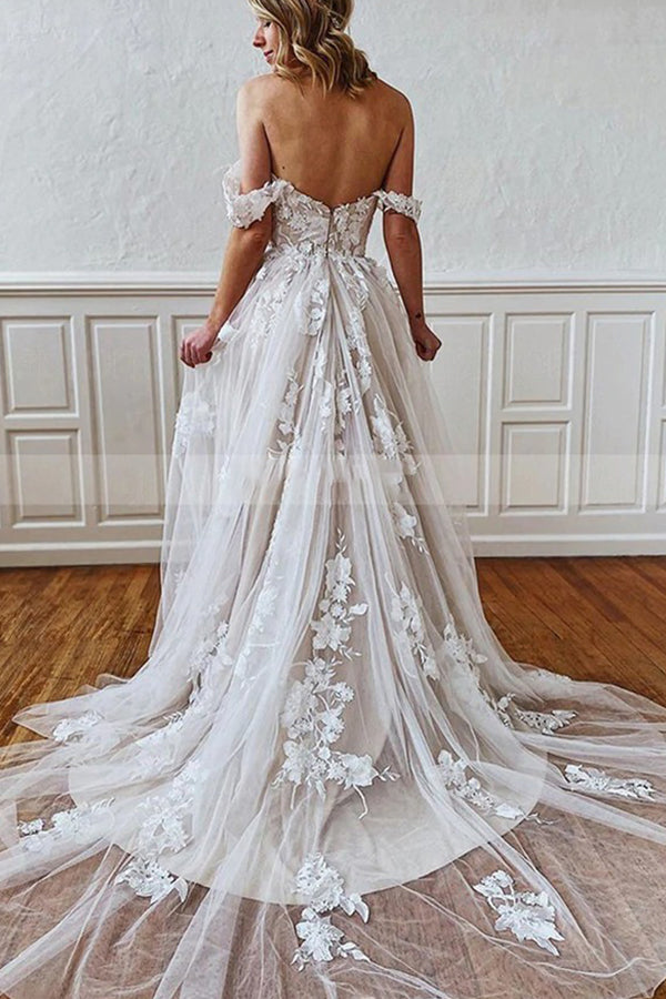 Langes A-Linien-Brautkleid mit Trägern und Herzausschnitt, Applikationen, Spitze und Tüll