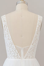 Robe de mariée longue en mousseline, coupe évasée, bretelles, col en V, dos ouvert