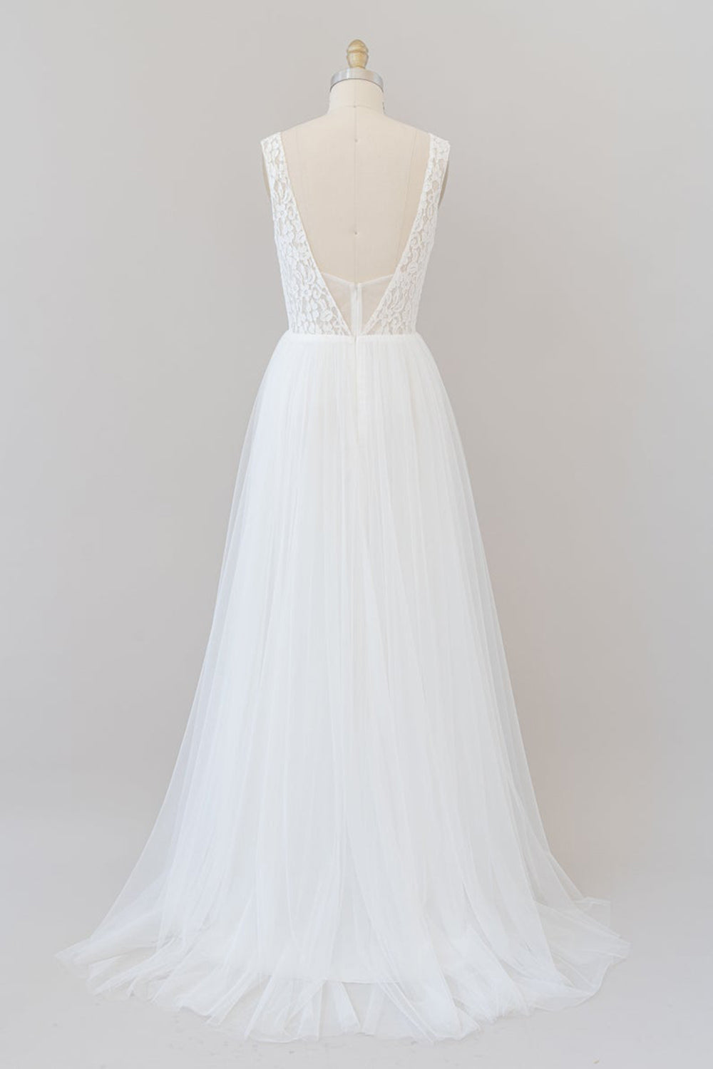 Robe de mariée longue en mousseline, coupe évasée, bretelles, col en V, dos ouvert