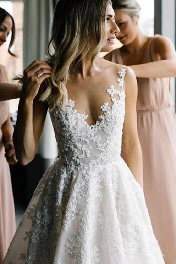 Vestido de Noiva Longo em Linha A com Alças, Decote em V, Flores, Contas e Tule nas Costas Sem Costas