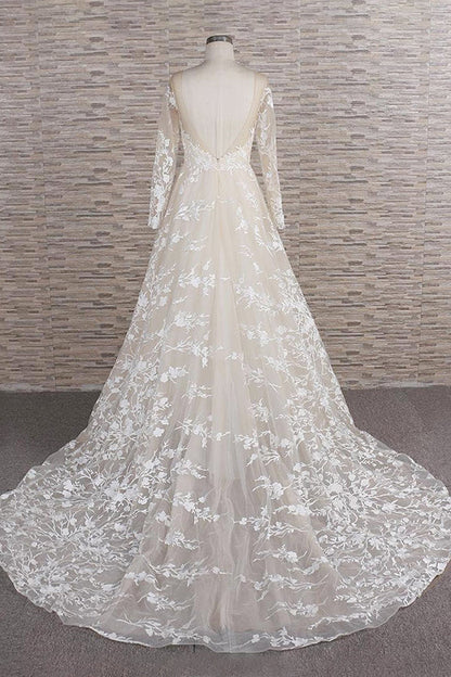Vestido de novia largo de tul con escote en A, apliques de corazón y mangas