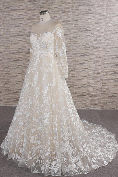Vestido de novia largo de tul con escote en A, apliques de corazón y mangas