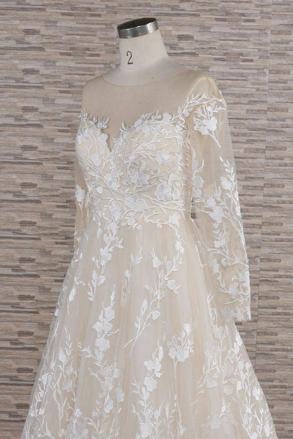 Vestido de novia largo de tul con escote en A, apliques de corazón y mangas