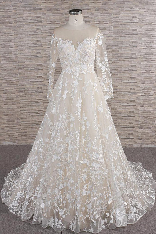 Robe de mariée longue en tulle, ligne A, décolleté cœur, ornée d'appliques, avec manches