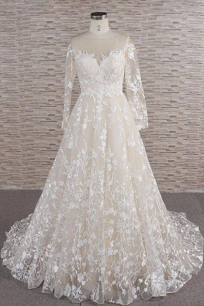 Vestido de novia largo de tul con escote en A, apliques de corazón y mangas