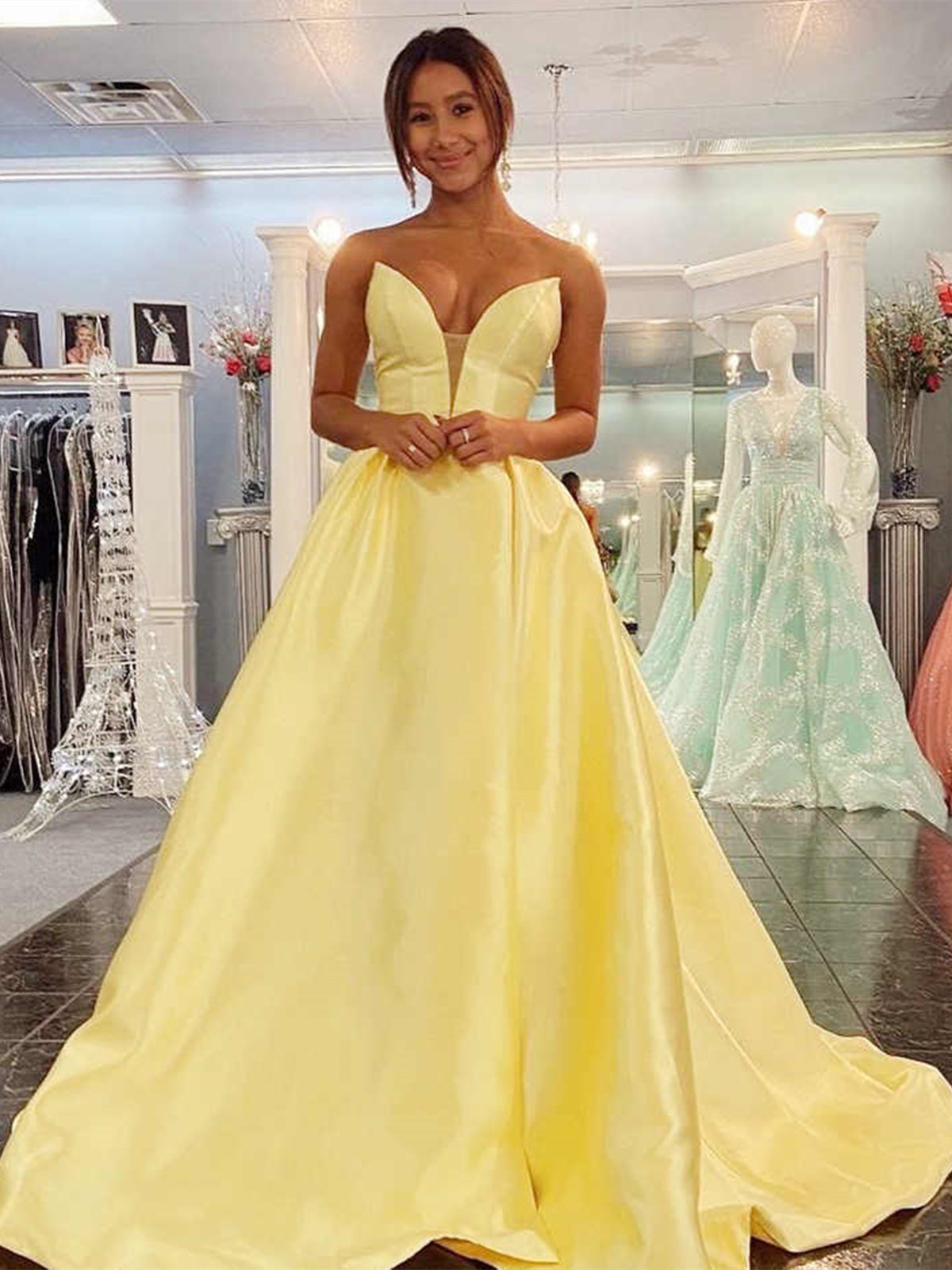 Robe de bal longue en satin jaune, dos nu, en forme de A, décolleté cœur, robe de soirée formelle pour remise de diplôme