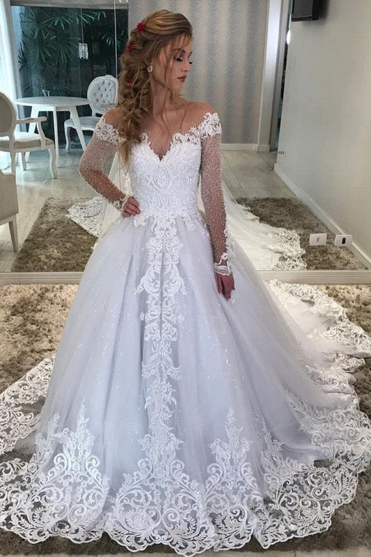 Langes A-Linien-Brautkleid mit Herzausschnitt, schulterfrei, Applikationen, Spitze und Pailletten