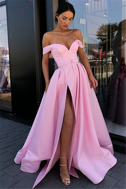 Langes A-Linien-Ballkleid mit Herzausschnitt, schulterfrei und Schlitz in Rosa