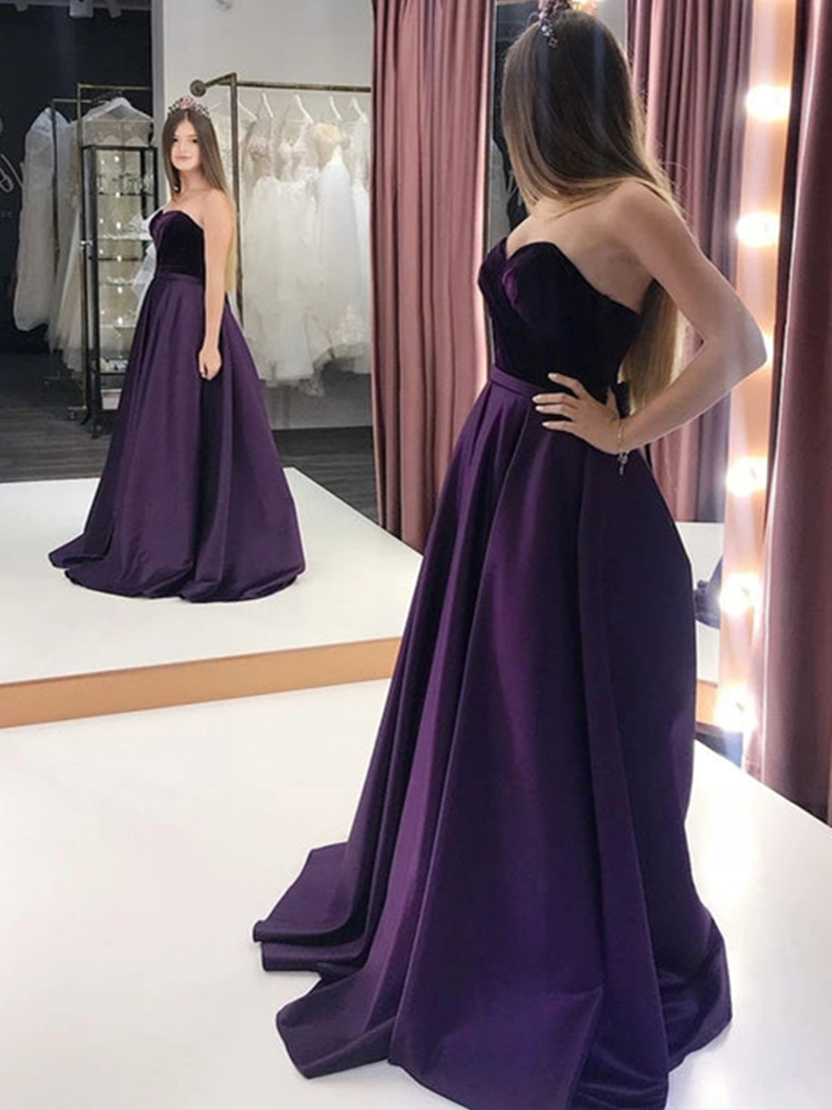 Robe longue de bal en satin dos nu à encolure cœur, coupe évasée, en velours, robe de soirée formelle pour remise de diplôme avec poches